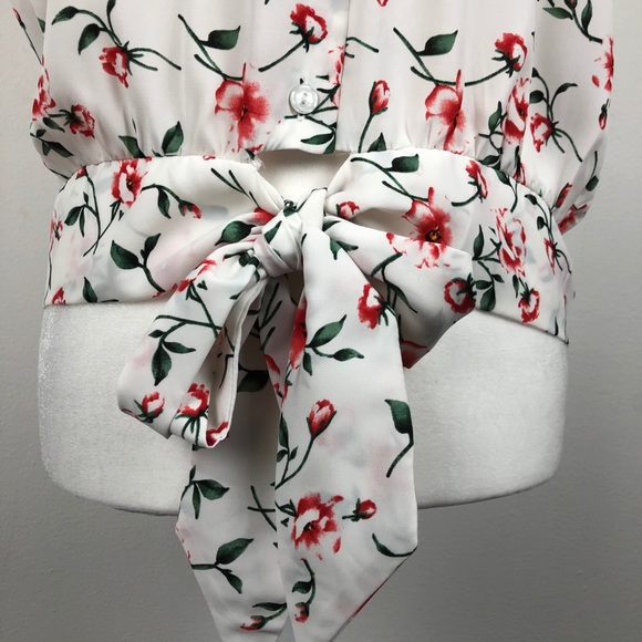 Triple Seven Button Up Front Tie Floral Blouse Large Cap Sleeves - Picture 3 of 14
